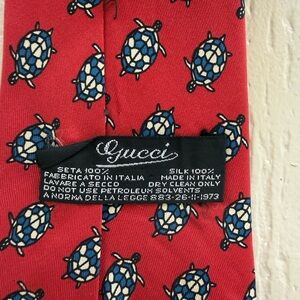 Vintage Gucci Red Silk Tie with Blue and White Turtles